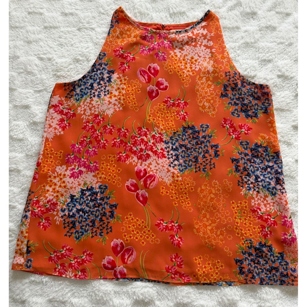 Cynthia Rowley Orange Floral Halter Neck Sleeveless Blouse Large EUC - Picture 2 of 9